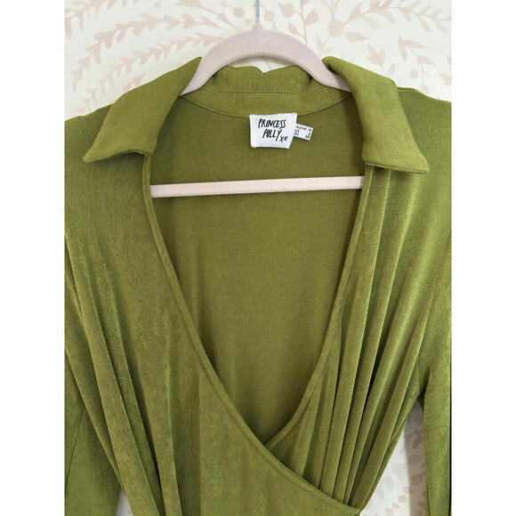 NWOT Princess Polly Sparkly Olive Green Collared Wrap Dress sz 6 - Picture 3 of 11